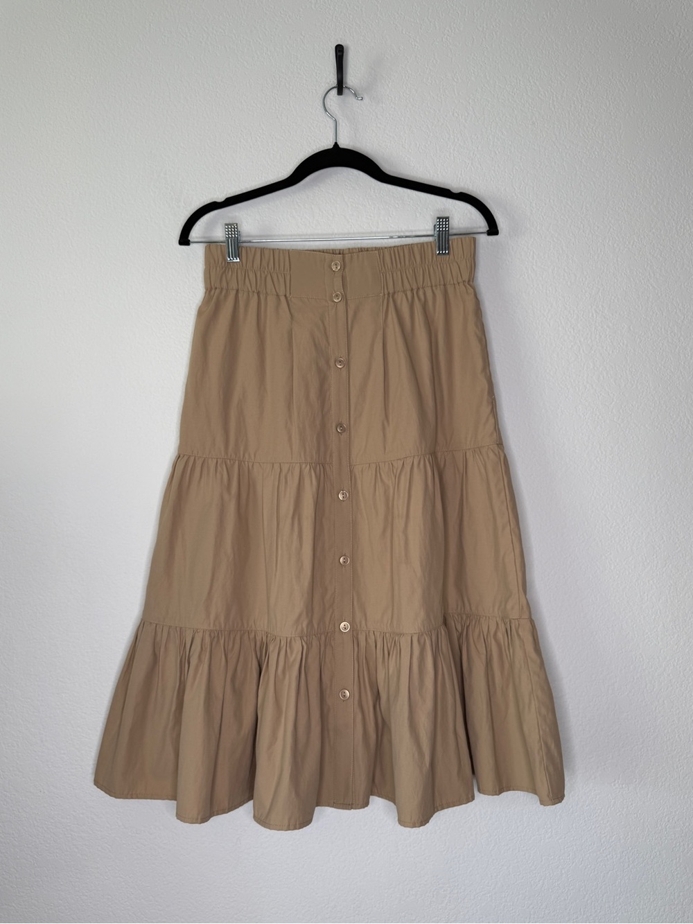 Brochu Walker Tan Tiered Button Front Midi Skirt Pockets Size S